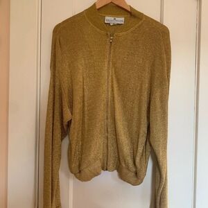 The La Costa Spa California Gold Lurex Zip Up Bomber Knit Sweater Small 5253-06